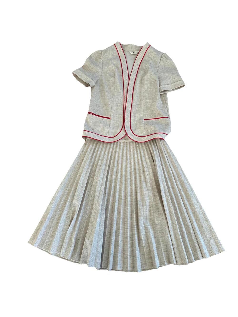 Marty Gutmacher Jacket Skirt Set Pleated Circle Sz 12 Union Made Beige Red